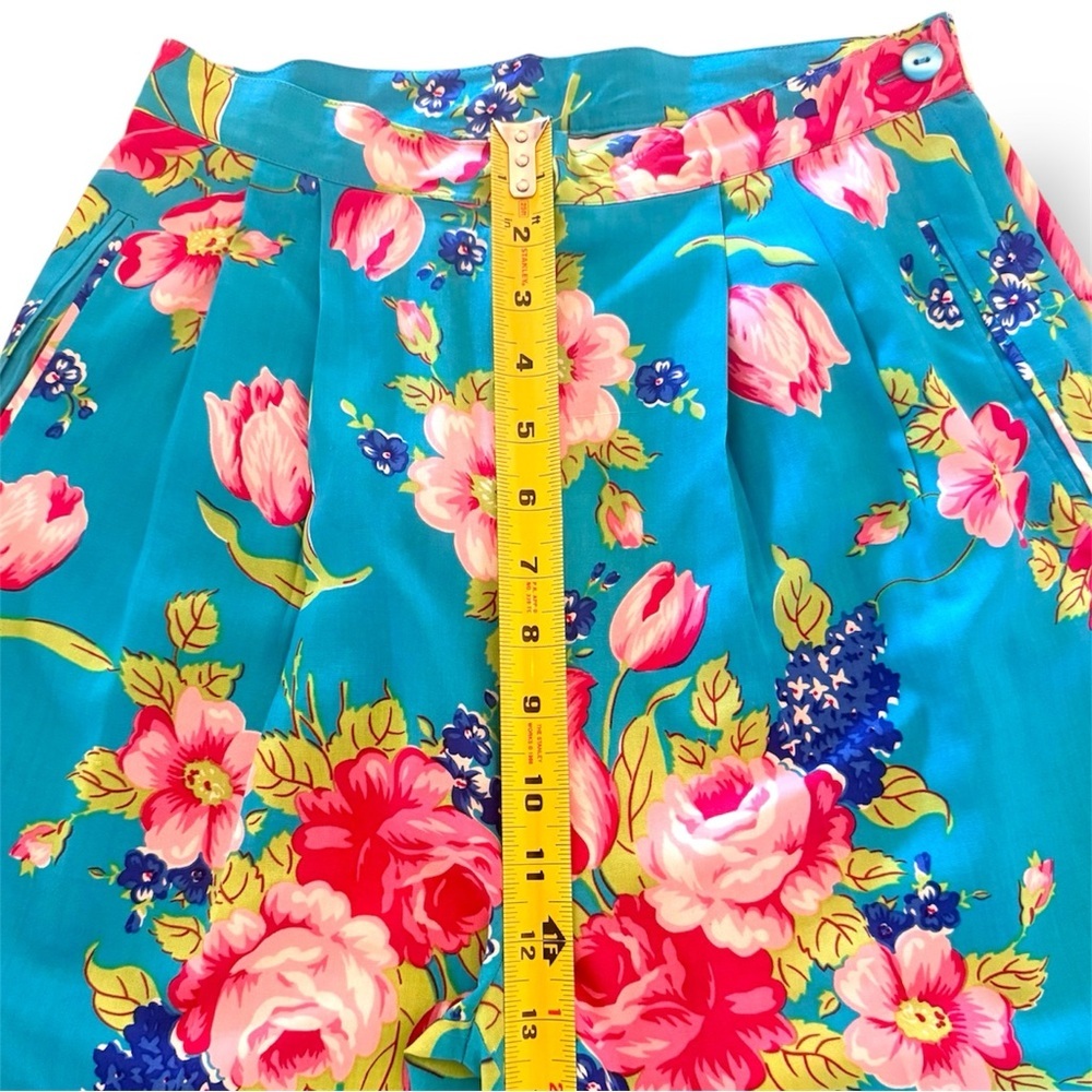 Vintage Adrienne Vittadini 100% Silk Floral Pants Size 6 Turquoise Blue Pleated - Picture 6 of 9